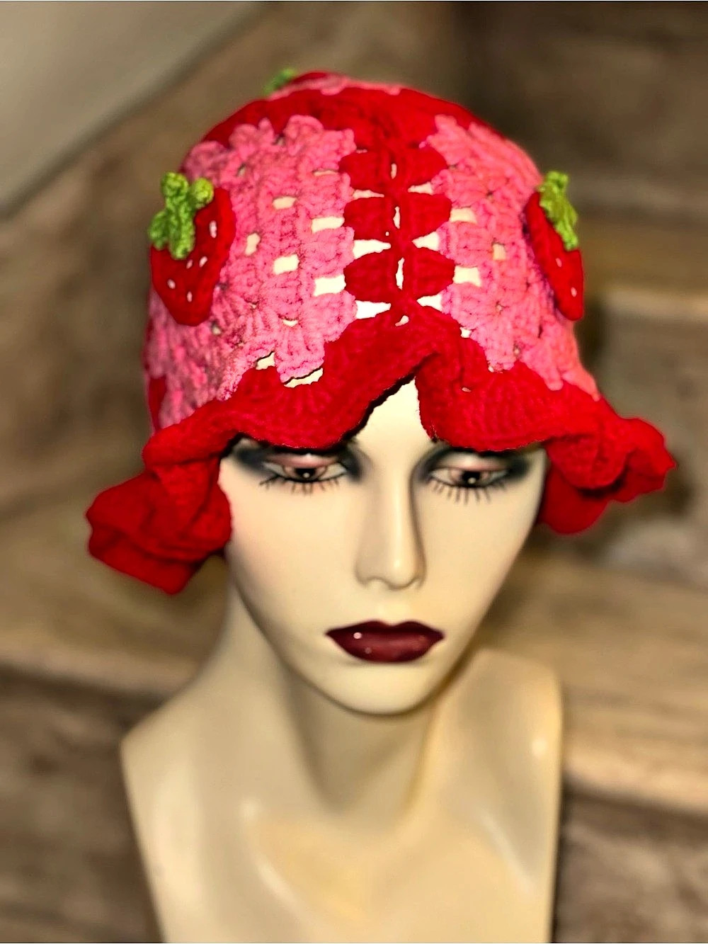 Crochet Strawberry Bucket Hat in Pink & Red Ruffle Brim Boho Indie Cottagecore